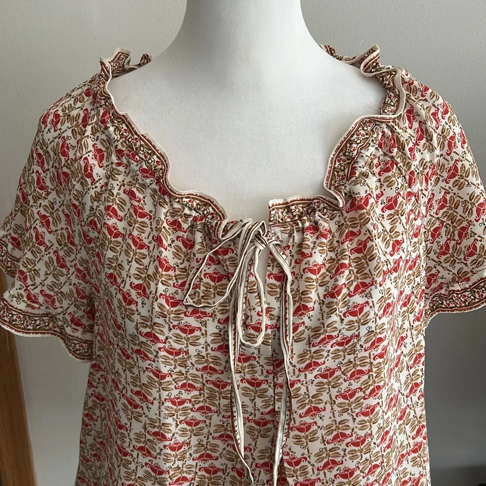 New! Max Studio Boho Floral Patterned Tie Neck Ruffle Cap Sleeve Blouse Medium - Picture 5 of 8
